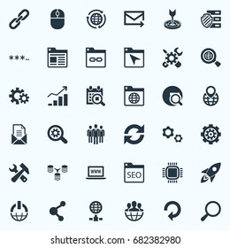 Vector Illustration Set Of Simple Optimization Icons. Elements Date Block, Share, Bookmark And Other Synonyms Progress, Refresh And Link.