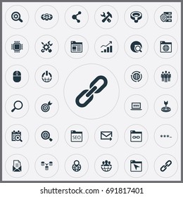 Vector Illustration Set Of Simple Optimization Icons. Elements Linkage, Motherboard, Navigation And Other Synonyms Logistic, Scan And Bind.