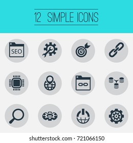 Vector Illustration Set Of Simple Optimization Icons. Elements Mechanism, Detail, Motherboard And Other Synonyms Detail, Link And World.