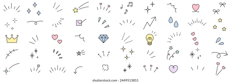 Vector illustration set of simple ornament illustrations. Concentrated line, attention, arrow, heart