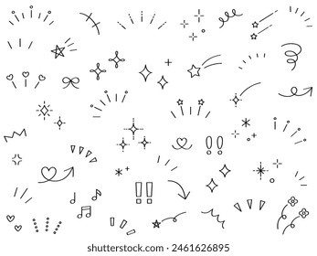 Conjunto de Ilustración vectorial de ilustraciones de ornamento simple. Líneas concentradas, atención, flechas, estrellas, corazones