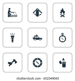 Vector Illustration Set Of Simple Outdoor Icons. Elements Swiss Army Knife, Car Tour, Chronometr And Other Synonyms Blade, Stopwatch And Bonfire.