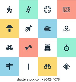 Vector Illustration Set Of Simple Outdoor Icons. Elements Touristic Blade, Lantern, Hatchet And Other Synonyms Field, Street And Kayak.