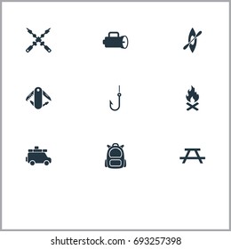 Vector Illustration Set Of Simple Outdoor Icons. Elements Minivan, Swiss Army Knife, Campfire And Other Synonyms Trip, Table And Bench.