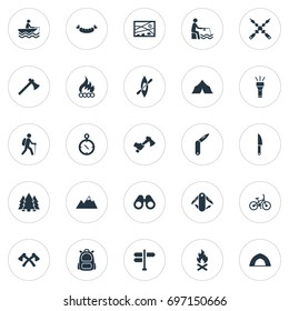 Vector Illustration Set Of Simple Outdoor Icons. Elements Bonfire, Camper, Kebab And Other Synonyms City, Forest And Bike.