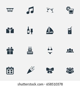 Vector Illustration Set Of Simple Party Icons. Elements Beachwear, Sail Yacht, Confetti And Other Synonyms Calendar, Donation And Company.