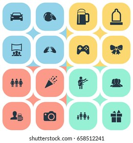 Vector Illustration Set Of Simple Party Icons. Elements Bells, Joystick, Surprise And Other Synonyms Acquaintances, Hand And Bells.
