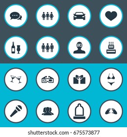 Vector Illustration Set Of Simple Party Icons. Elements Cinema, 3D, Parcel And Other Synonyms Cake, Bikini And Mates.