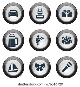 Vector Illustration Set Of Simple Party Icons. Elements Guitar Player, Ale, Parcel And Other Synonyms Christmas, Microphone And Guitarist.