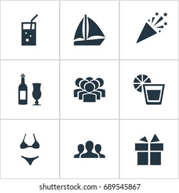 Vector Illustration Set Of Simple Party Icons. Elements Wine, Surprise, Team And Other Synonyms Wineglass, Party And Yachting.