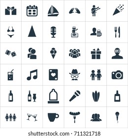 Vector Illustration Set Of Simple Party Icons. Elements Water Lily, Mike, Beer And Other Synonyms Yacht, Silverware And Dice.
