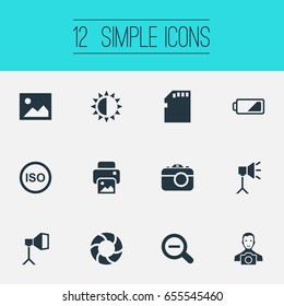 Vector Illustration Set Of Simple Photograph Icons. Elements Brilliance, Lens, Apparatus Photographer And Other Synonyms Lens, Man And Copier.