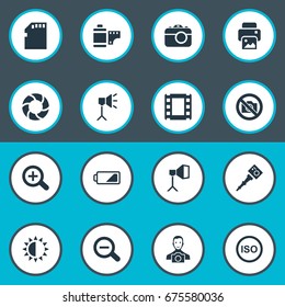 Vector Illustration Set Of Simple Photograph Icons. Elements Luminous Origin, Light Level, Prohibited Camera And Other Synonyms Camera, Brilliance And Shooting.