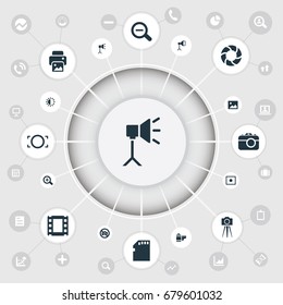 Vector Illustration Set Of Simple Photograph Icons. Elements Lens, Flame Instrument, Apparatus Photographer And Other Synonyms Shooting, Prohibited And Strip.