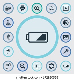 Vector Illustration Set Of Simple Photograph Icons. Elements Cameraperson, Flame Instrument, Photo Tape And Other Synonyms Brilliance, Optical And Energy.