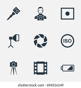 Vector Illustration Set Of Simple Photograph Icons. Elements Film Strip, Camcorder, Energy And Other Synonyms Camcorder, Strip And Light.