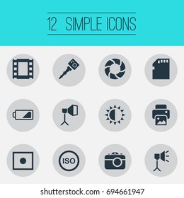 Vector Illustration Set Of Simple Photograph Icons. Elements Energy, Light Level, Movable Camcorder And Other Synonyms Objective, Charge And Card.