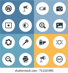 Vector Illustration Set Of Simple Photograph Icons. Elements Magnifying, Prohibited Camera, Photograph And Other Synonyms Illuminance, Magnifying And Brilliance.