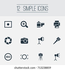 Vector Illustration Set Of Simple Photograph Icons. Elements Flame Instrument, Photo Tape, Light Level And Other Synonyms Image, Augment And Copier.