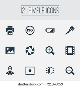 Vector Illustration Set Of Simple Photograph Icons. Elements Rustication, Registration, Film Strip And Other Synonyms Illuminance, Portable And Registration.