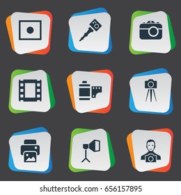 Vector Illustration Set Of Simple Photographer Icons. Elements Apparatus Photographer, Photo Tape, Camcorder And Other Synonyms Enrollment, Man And Printer.