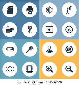 Vector Illustration Set Of Simple Photographer Icons. Elements Camcorder, Movable Camcorder, Flame Instrument And Other Synonyms Zoom, Instrument And Camera.
