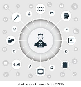 Vector Illustration Set Of Simple Photographer Icons. Elements Lens, Movable Camcorder, Inkjet And Other Synonyms Noise, Photo And Optical.