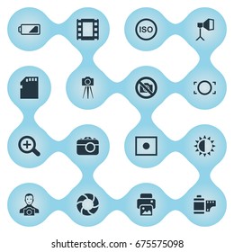 Vector Illustration Set Of Simple Photographer Icons. Elements Light Level, Prohibited Camera, Magnifying And Other Synonyms Cameraperson, Printer And Camera.