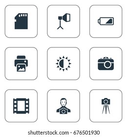 Vector Illustration Set Of Simple Photographer Icons. Elements Film Strip, Flame Instrument, Cameraperson And Other Synonyms Energy, Battery And Camera.