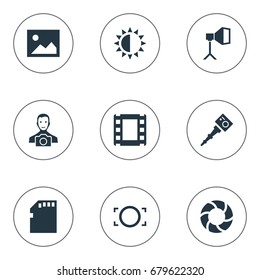 Vector Illustration Set Of Simple Photographer Icons. Elements Flame Instrument, Brilliance, Movable Camcorder And Other Synonyms Tape, Portable And Square.