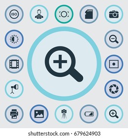 Vector Illustration Set Of Simple Photographer Icons. Elements Light Level, Memory Card, Registration And Other Synonyms Micro, Camcorder And Brightness.