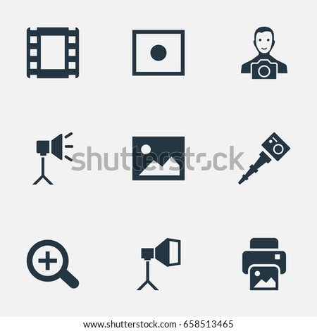 Vector Illustration Set Of Simple Photographer Icons. Elements Cameraperson, Registration, Flame Instrument And Other Synonyms Man, Cameraperson And Zoom.