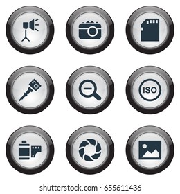 Vector Illustration Set Of Simple Photographic Icons. Elements Apparatus Photographer, Lens, Light Level And Other Synonyms Image, Lens And Removal.