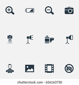 Vector Illustration Set Of Simple Photographic Icons. Elements Camcorder, Rustication, Film Strip And Other Synonyms Man, Tool And Rustication.