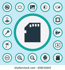 Vector Illustration Set Of Simple Photographic Icons. Elements Cameraperson, Film Strip, Rim And Other Synonyms Zoom, Brilliance And Registration.
