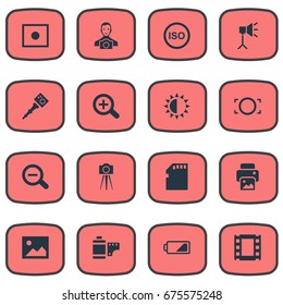 Vector Illustration Set Of Simple Photographic Icons. Elements Magnifying, Photograph, Inkjet And Other Synonyms Brightness, Brilliance And Removable.