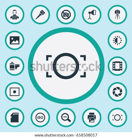 Vector Illustration Set Of Simple Photographic Icons. Elements Brilliance, Rim, Film Strip And Other Synonyms Registration, Micro And Tool.