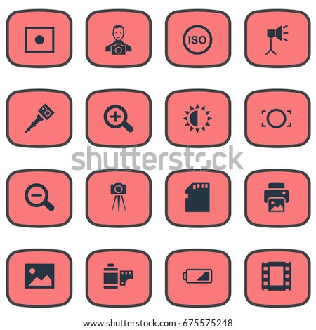 Vector Illustration Set Of Simple Photographic Icons. Elements Magnifying, Photograph, Inkjet And Other Synonyms Brightness, Brilliance And Removable.