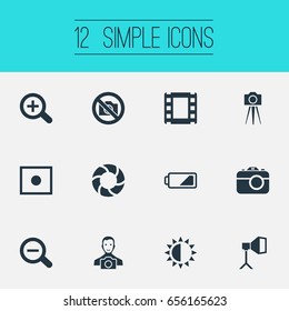 Vector Illustration Set Of Simple Photography Icons. Elements Camcorder, Energy, Lens And Other Synonyms Camcorder, Energy And Tool.