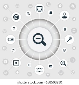 Vector Illustration Set Of Simple Photography Icons. Elements Cameraperson, Registration, Film Strip And Other Synonyms Charge, Battery And Brilliance.
