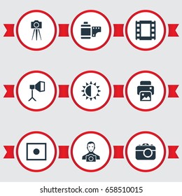 Vector Illustration Set Of Simple Photography Icons. Elements Cameraperson, Film Strip, Brilliance And Other Synonyms Cine-Film, Instrument And Camcorder.