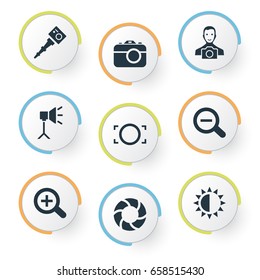 Vector Illustration Set Of Simple Photography Icons. Elements Apparatus Photographer, Luminous Origin, Brilliance And Other Synonyms Lustre, Rim And Image.