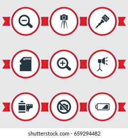 Vector Illustration Set Of Simple Photography Icons. Elements Camcorder, Luminous Origin, Prohibited Camera And Other Synonyms Card, Zoom And Photo.