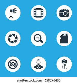 Vector Illustration Set Of Simple Photography Icons. Elements Camcorder, Apparatus Photographer, Memory Card And Other Synonyms Strip, Card And Cameraperson.