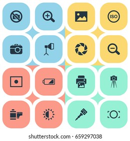 Vector Illustration Set Of Simple Photography Icons. Elements Apparatus Photographer, Camcorder, Rustication And Other Synonyms Instrument, Rim And Copier.