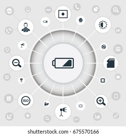 Vector Illustration Set Of Simple Photography Icons. Elements Magnifying, Cameraperson, Light Level And Other Synonyms Micro, Removal And Lustre.