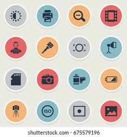 Vector Illustration Set Of Simple Photography Icons. Elements Apparatus Photographer, Cameraperson, Flame Instrument And Other Synonyms Removal, Frame And Memory.