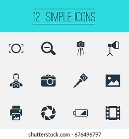 Vector Illustration Set Of Simple Photography Icons. Elements Inkjet, Flame Instrument, Movable Camcorder And Other Synonyms Lens, Instrument And Photographing.