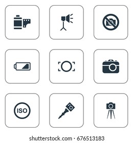Vector Illustration Set Of Simple Photography Icons. Elements Energy, Camcorder, Prohibited Camera And Other Synonyms Tape, Rim And Photographing.