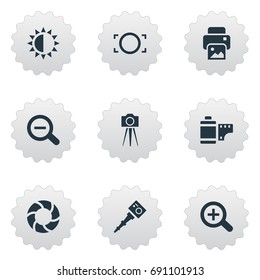 Vector Illustration Set Of Simple Photography Icons. Elements Movable Camcorder, Camcorder, Brilliance And Other Synonyms Photographing, Zoom And Rustication.